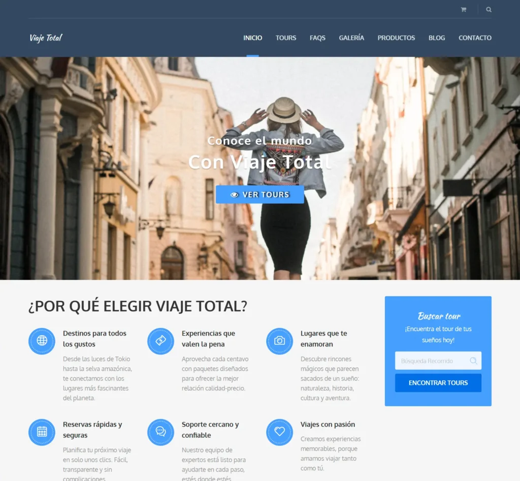 página web con tienda virtual para tours en wordpress